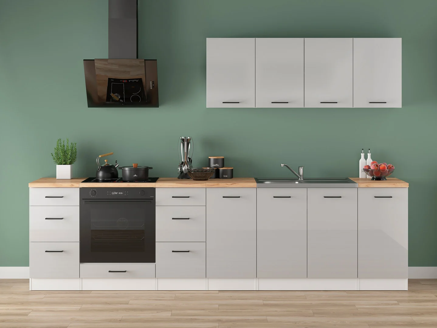 300 cm Light Grey High Gloss Modern Complete Kitchen Set
