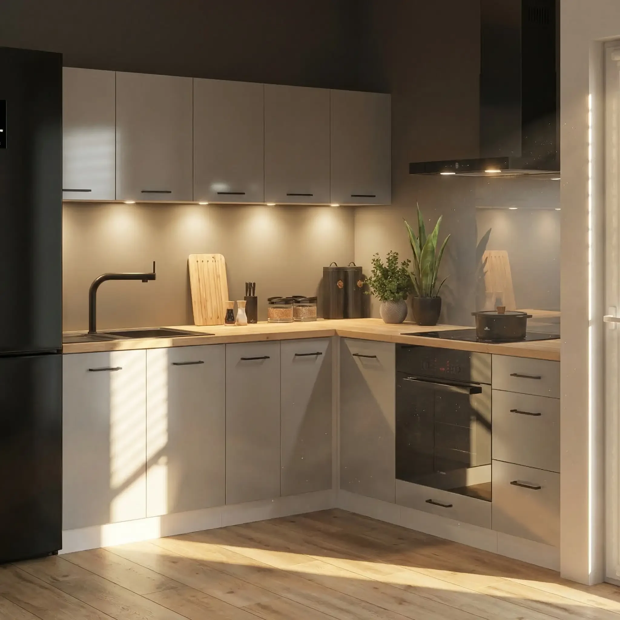 200×200 cm Light Grey High Gloss Stylish Corner Kitchen with Worktop
