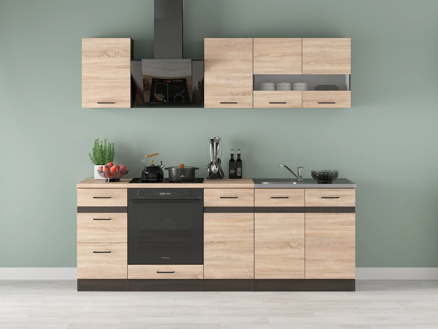 220 cm Sonoma Oak Compact Complete Kitchen Set with Worktop