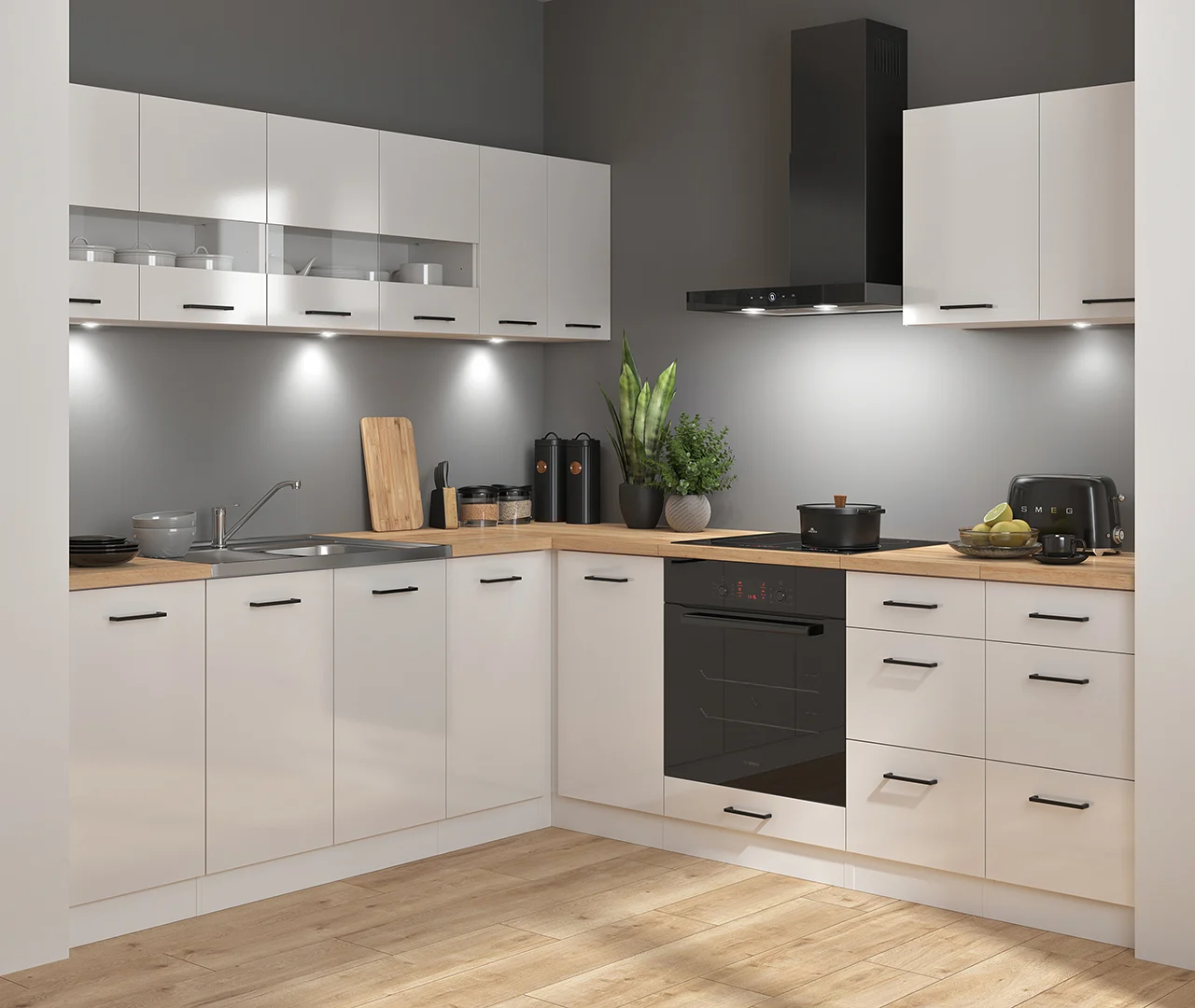 220×220 cm Chalk White High Gloss Modern Corner Kitchen with Sink and Worktop