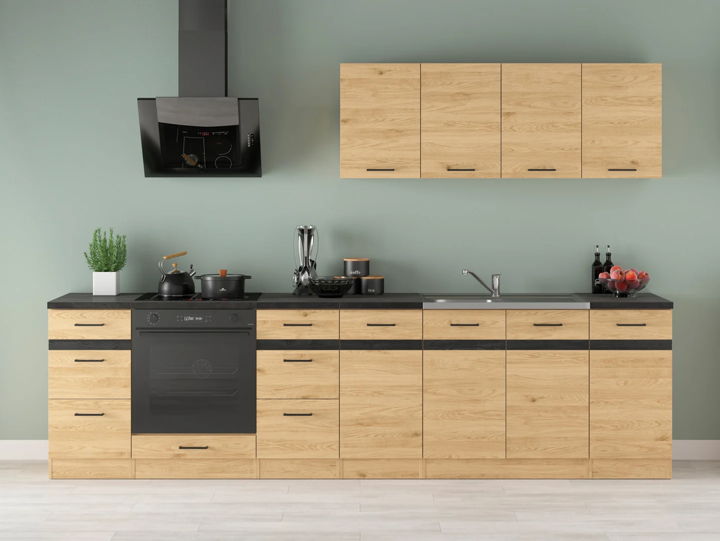 300 cm Amber Oak NovaLine Complete Kitchen Set with Worktop