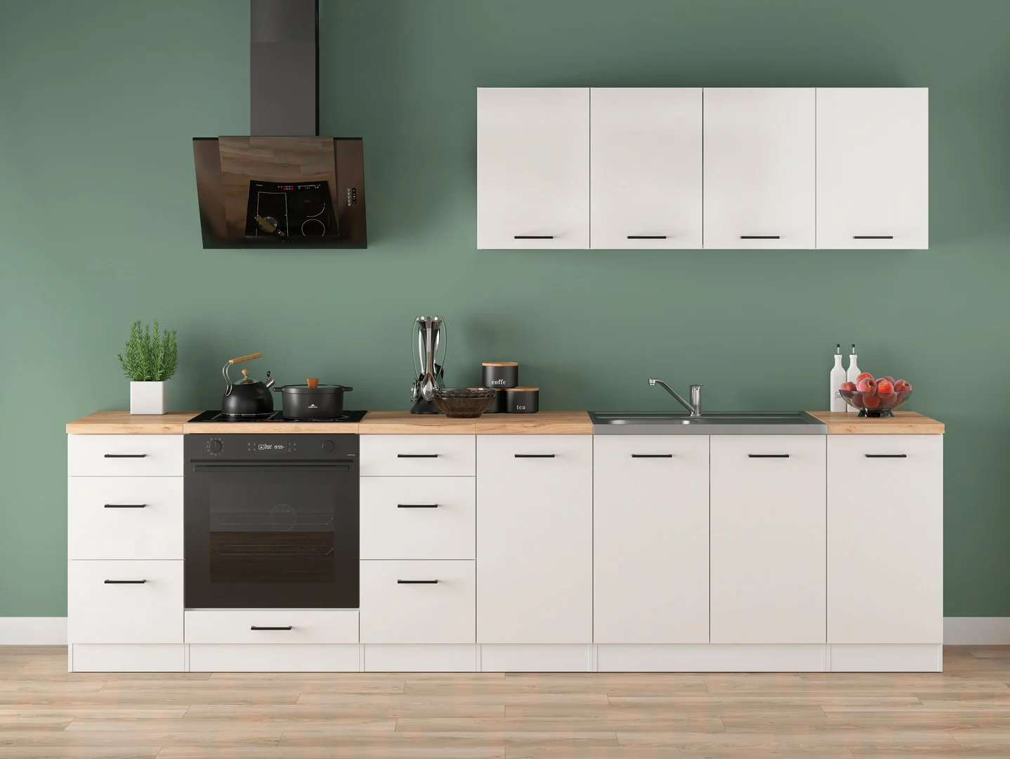 300 cm White High Gloss NovaLine Complete Kitchen Set with Worktop