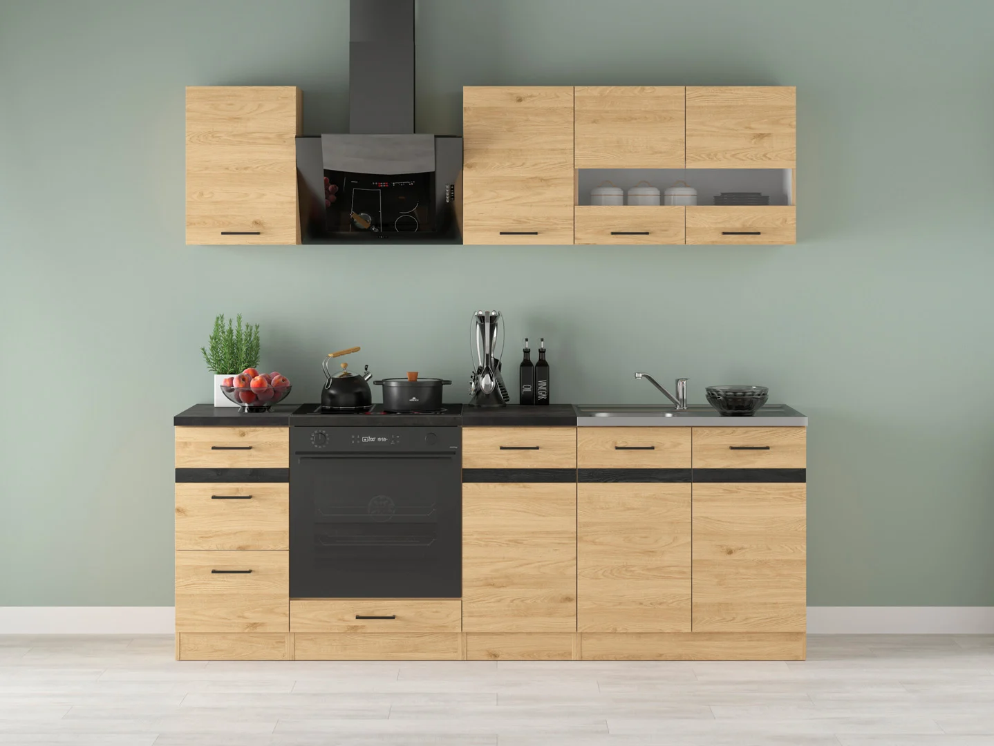 220 cm Amber Oak Compact Complete Kitchen Set
